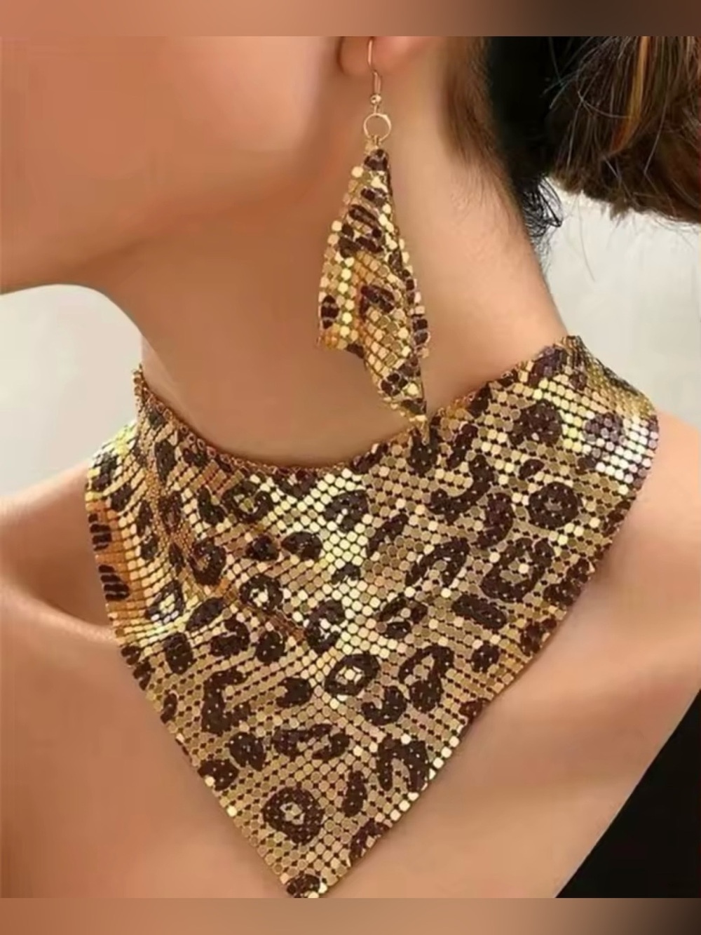Gold Leopard Sequin Collar Necklace + Earring Set Sexy Bib Dangle Versatile NWT